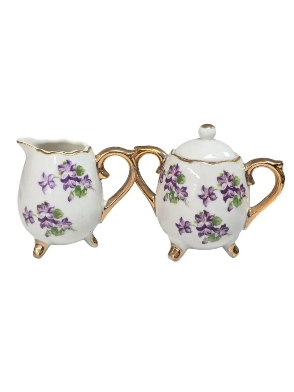 Vintage Enesco Japanese Creamer & Sugar Set Purple Floral Gold Trim Footed 3.5